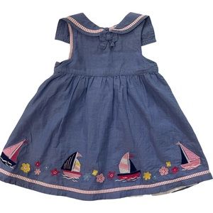 Jojo Maman Bebe chambray sailor dress. Sailor collar, embroidery/bloomers.